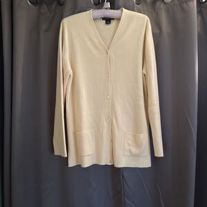 LANDS’ END Women’s Cardigan Sweater M Cream Slouch Pocket Cotton Classic Prep